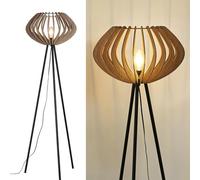 Alpinaluz Lampadaire Trépied Noir - Abat-Jour en Bois Laminé Ø48 cm, Hauteur 152 cm, Douille E27, Câble 3,8 m avec Interrupteur au Pied pour Salon ou Chambre