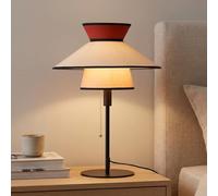 Alpinaluz Lampe de Table Vintage Moderne avec Triple Abat-jour en Tissu Rouge Brique, Bois et Beige, Base Métallique Noire et Détail en Bois, Style Retro Moderne pour Salon et Chambre