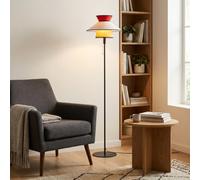 Alpinaluz Lampe sur Pied Retro Moderne avec Abat-Jour Textile Triple Cône en Rouge, Bois et Beige, Pied Métallique Noir Mat, Interrupteur à Chaîne, Style Vintage Français Moderne pour Salon Intérieur