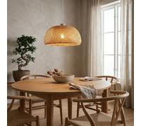 Alpinaluz Lampe Suspension en Bambou Tressé Beige Ø48cm avec Abat-jour Double Couche en Demi-Sphère, Douille en Bois E27 et Câble Blanc Ajustable, Idéale pour Salon, Salle à Manger et Chambre