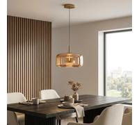 Alpinaluz Lampe Suspension LED Ø37 cm en Cristal Ambre avec Télécommande, 25W CCT Réglable de 2700K à 6500K, Intensité et Tonalité Ajustables, Design Moderne en Laiton Brossé pour Salon Élégant