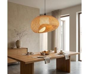 Alpinaluz Lanterne Suspension en Bambou et Rotin SAVANA avec Douille Noire E27 - Design Nid Tressé Naturel, Style Bohème Moderne pour Chambre, Salon ou Salle à Manger, 60x70x34 cm