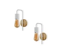 Alpinaluz Lot de 2 Appliques Murales Blanches E27 « NATT » avec Base en Bois Naturel et Bras Métallique Courbé - Lampes Murales Style Nordique Vintage pour Chambre, Salon et Couloir