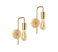 Alpinaluz Lot de 2 Appliques Murales Dorées en Acier avec Base en Bois Naturel et Bras Métallique Courbé E27 Style Nordique pour Éclairage Décoratif Chambre, Salon et Couloir