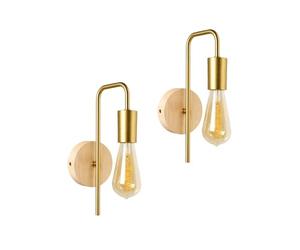 Alpinaluz Lot de 2 Appliques Murales Dorées en Acier avec Base en Bois Naturel et Bras Métallique Courbé E27 Style Nordique pour Éclairage Décoratif Chambre, Salon et Couloir