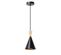 Alpinaluz Plafonnier - Abat-jour conique en acier laqué noir avec détail en bois naturel - Design nordique minimaliste - Culot E27 pour cuisine, salle à manger et chambre