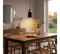 Alpinaluz Suspension Cylindrique en Métal Noir et Bois Naturel Ø10 x 20 cm, Douille E27, Câble Réglable 100 cm, Style Nordique Minimaliste pour Cuisine et Salle à Manger