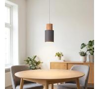 Alpinaluz Suspension Grise Ø10 cm en Fer avec Détail en Bois Naturel, Douille E27, Câble Réglable 100 cm, Style Nordique Minimaliste pour Cuisine, Salle à Manger ou Chambre