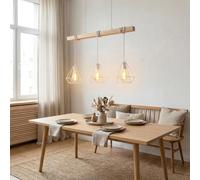 Alpinaluz Suspension linéaire 3 lumières 75 cm en bois naturel avec 3 abat-jour cage en métal blanc, 3x E27, hauteur réglable, style nordique pour îlot de cuisine, salle à manger ou salon