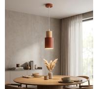 Alpinaluz Suspension Rouge Grenat Ø10 cm, Lampe Cylindrique en Fer et Bois Naturel, Câble Réglable 100 cm, Douille E27 pour Cuisine, Salle à Manger et Chambre