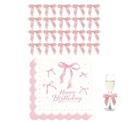 Alriedy Lot de 20 serviettes roses Happy Birthday, ruban rose et 20 serviettes d'anniversaire pour fille, avec 20 nœuds, pour fête prénatale, mariage, fête