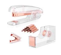 ALSISK Kit d'accessoires de bureau, agrafeuse en acrylique, distributeur de ruban, extracteur d'agrafes avec 1000 agrafes 26/6 - Or rose