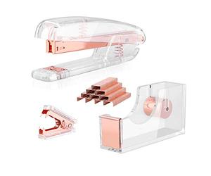 ALSISK Kit d'accessoires de bureau, agrafeuse en acrylique, distributeur de ruban, extracteur d'agrafes avec 1000 agrafes 26/6 - Or rose