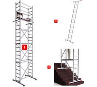 ALTEC AluCombine® 1.0 - 700 | Echafaudage à échelles | 7m de hauteur de travail | Echafaudage 2 en 1 avec traverse | Type : FT | 4x roulettes Ø80mm | En direct du fabricant | EN 131 | Echafaudage de t
