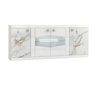 Buffet 4 portes avec leds et portes centrales vitrées laqué blanc et imitation marbre - ETOLIS