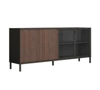 AltoBuy Buffet 4 Portes vitré Gris Lave et Aspect Bois Relief Effet tasseaux Pieds métal - TICORIA