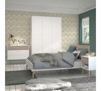 Chambre complète BORGALL - Lit 140x200, 2 chevets, armoire 3P, commode - Blanc mat, chêne clair
