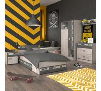 Chambre lit 90x200 avec tiroirs + 1 chevet + 1 armoire + 1 commode aspect bois grisé - ZIGGY