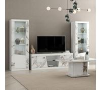 AltoBuy Ensemble Salon Complet Table Basse + Meuble TV + 2 vitrines Blanc et Imitation marbre - ETOLIS