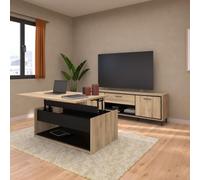 Ensemble salon table basse relevable + meuble TV aspect bois et noir - OSTAREL