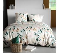 AltoBuy Parure Housse de Couette 240x220cm + 2 taies Motif Fleurs Blanc Rose et Vert 100% Coton - SILOE