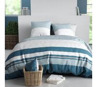 AltoBuy Parure Housse de Couette 240x220cm + 2 taies Motif géométrique Bleu et Gris 100% Coton - CHERINE