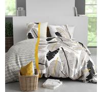 AltoBuy Parure Housse de Couette 240x220cm + 2 taies Motif Palmiers Noir et Jaune 100% Coton - Amarante
