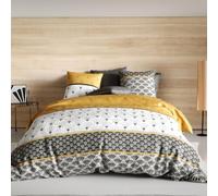 AltoBuy Parure Housse de Couette 240x220cm + 2 taies Motif rétro Gris et Jaune 100% Coton - TILIO