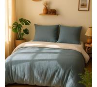 AltoBuy Parure Housse de Couette 260x240cm + 2 taies 100% Gaze de Microfibre uni Bleu pétrole et Blanc - NATHEA