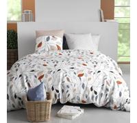 AltoBuy Parure Housse de Couette 260x240cm + 2 taies Blanc Motif Feuillage Bleu et Rouille 100% Coton - Tilda
