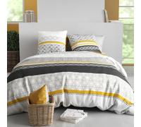 AltoBuy Parure Housse de Couette 260x240cm + 2 taies Motif Blanc Gris et Jaune 100% Coton - IPSAR