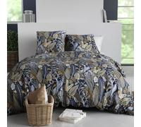 AltoBuy Parure Housse de Couette 260x240cm + 2 taies Motif Feuillage Bleu et Beige 100% Coton - MAELIA
