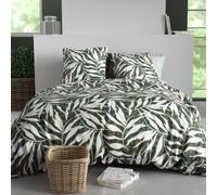 AltoBuy Parure Housse de Couette 260x240cm + 2 taies Motif Feuillage Vert et Blanc 100% Coton - FILIBERTE