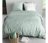 AltoBuy Parure Housse de Couette 260x240cm + 2 taies Motif Floral Vert et Blanc 100% Coton - Daley