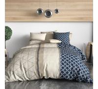 AltoBuy Parure Housse de Couette 260x240cm + 2 taies Motif Graphique Bleu et Beige 100% Coton - Malvina