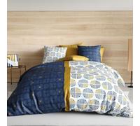 AltoBuy Parure Housse de Couette 260x240cm + 2 taies Motif Graphique Bleu et Ocre 100% Coton - Rufus