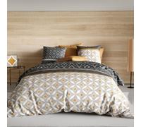 AltoBuy Parure Housse de Couette 260x240cm + 2 taies Motif Graphique Taupe et Jaune 100% Coton - ORLADO