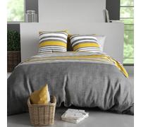 AltoBuy Parure Housse de Couette 260x240cm + 2 taies Motif rayé Gris et Jaune 100% Coton - Story
