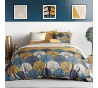AltoBuy Parure Housse de Couette 260x240cm + 2 taies Motif rétro Bleu et Jaune 100% Coton - Mandy