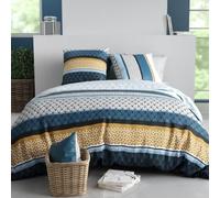 AltoBuy Parure Housse de Couette 260x240cm + 2 taies Motif rétro Bleu et Jaune 100% Coton - OSYRIS