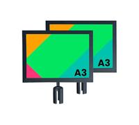 Aluanz Porte Affiche A3 Horizontal, Noir mat, Lot de 2 | Cadre double face en métal avec plexiglas, Support signalétique pour files d’attente, Diamètre max 63 mm