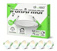 ALUSSO Spot Encastrable LED Métallique 230V Dim, Plafonnier Salle de Bain | 68-75mm 5W 550lm IP65 3CCT, Ultra-plat 27,7mm, Isolation étanche recouvrable, Certifié IC, Blanc, Lot de 6