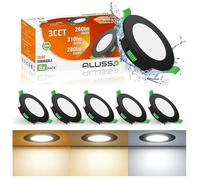 ALUSSO Spot LED Encastrable Rond Noir 4W 310LM Dimmable, 3CCT 3000K/4000K/6500K, Trou Φ55-68mm, IP44 Downlight LED Plat, Lot de 6