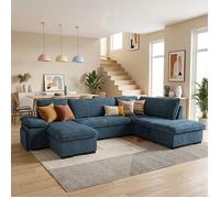 ALYA Canapé d'angle panoramique convertible Bleu OCEAN (tissu lisse) - Taille XL - 6 places - 315 x 210 x 89