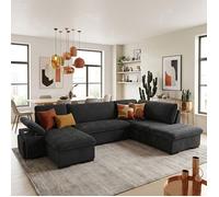 ALYA Canapé d'angle panoramique convertible Noir light black (tissu lisse) - Taille XL - 6 places - 315 x 210 x 89