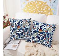 Alysheer Housse de coussin décorative brodée d'été 18"x 18", lot de 2, motif broderie bleu marine bohème avec oiseaux, étui en coton pour canapé, canapé-lit, salon, chambre à coucher, extérieur