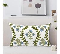 Alysheer Housse de Coussin Lombaire décorative, Style Rustique, pour Le Printemps, Motifs brodés de Fleurs Bleues et Feuilles Vertes - pour canapé, lit, Salon, Chambre - 30 x 50 cm