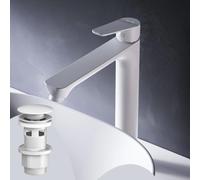 Robinet de salle de bain haut avec pop-up valve de vidange pour lavabo Robinet de salle de bain blanc Robinet de lavabo avec vidage 1 1/4 pouce vanne en laiton vidange