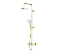 AM.PM X-JOY Système de douche doré avec thermostat, douche à effet pluie Ø 22 cm et douchette à main, robinet de douche thermostatique, kit complet avec colonne de douche, technologie Air-in, kit de