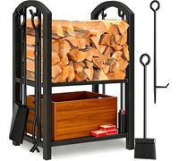 Amagabeli Porte Bûches de Cheminée avec outils 74 x 40 x 30cm Ensemble d‘outils de Grande Capacité Range-bûches Support de bois de Chauffage pour Intérieur Extérieur Rack de Stockage Kit Cheminée